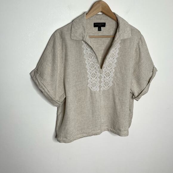Banana Republic Womens Linen Blend Embroidered Top Large Beige White Neutral - Picture 2 of 9